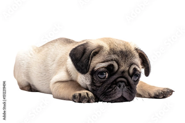 Obraz Playful pug lying on white surface, cute small breed with wrinkled face, perfect for pet care or animal-themed content. Isolated on white background or PNG