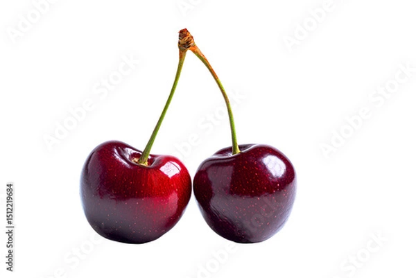 Obraz Fresh cherries on white background, vibrant red color, perfect for summer dishes and healthy snacking, space for text. Isolated on white background or PNG