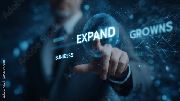 Fototapeta Close-up of hand interacting with holographic globe displaying "Expand" and "Grows", symbolizing business growth and expansion, ideal for corporate presentations or marketing