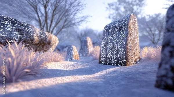 Fototapeta Ancient Northern Ruins Surrounded by Snowy Landscape with Glowing Stones and Frosty Grass