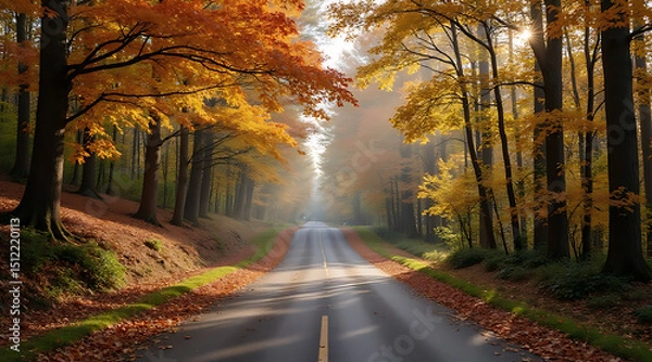 Fototapeta Beautiful autumn road surrounded by vibrant trees showcasing fall colors during a sunny day Generative AI