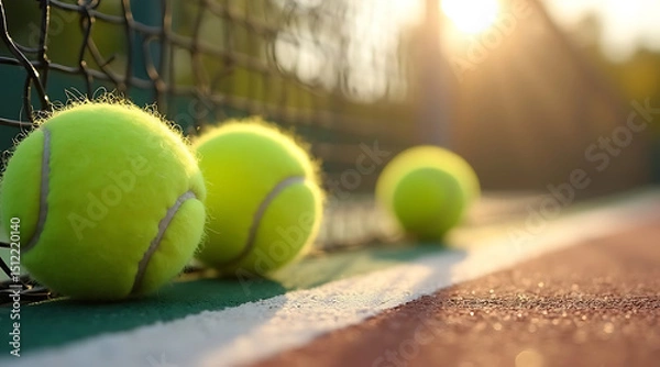 Fototapeta Tennis balls resting against a fence in the evening sunlight on a court Generative AI