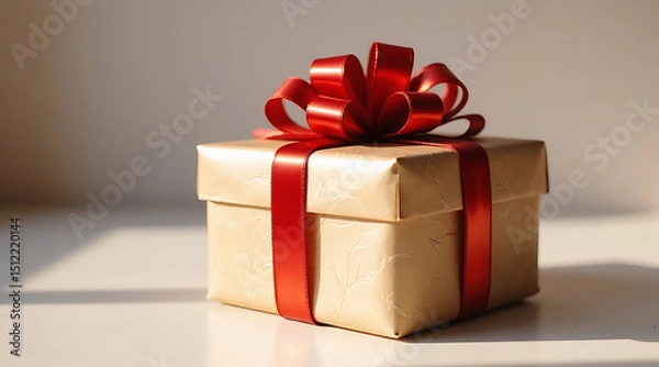 Fototapeta Beautifully wrapped gift box with red ribbon in warm sunlight against a neutral background Generative AI