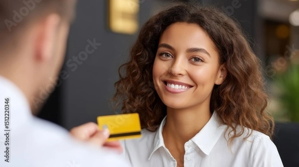 Fototapeta Young Woman Smiling While Receiving Bank Card from Male Banker in Modern Indoor Setting
