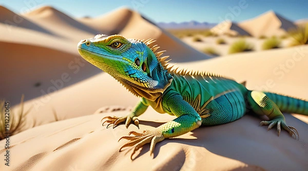 Obraz Lizard resting on golden sand in a vibrant desert landscape under a clear blue sky Generative AI