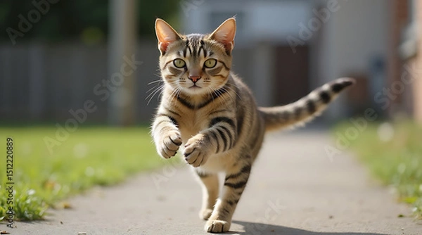 Fototapeta Curious tabby cat explores garden path on a sunny day Generative AI