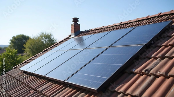Fototapeta Solar panels installed on a residential roof under a clear blue sky in daylight Generative AI