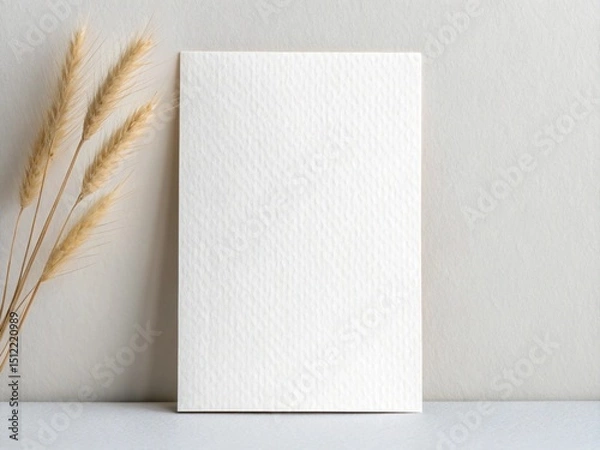 Fototapeta Textured Paper Card Mockup with Dried Wheat on Neutral Background
