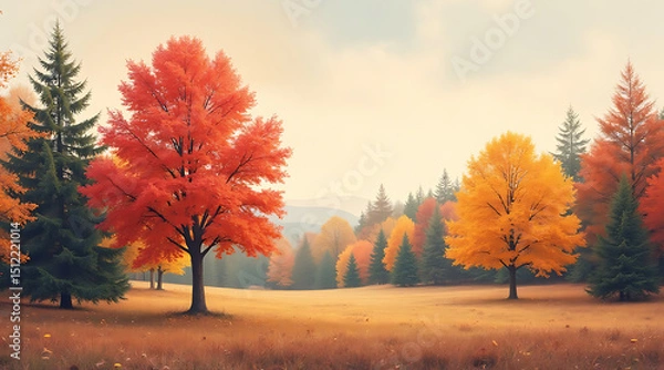 Fototapeta Vibrant autumn landscape featuring colorful trees and serene hills in the distance Generative AI