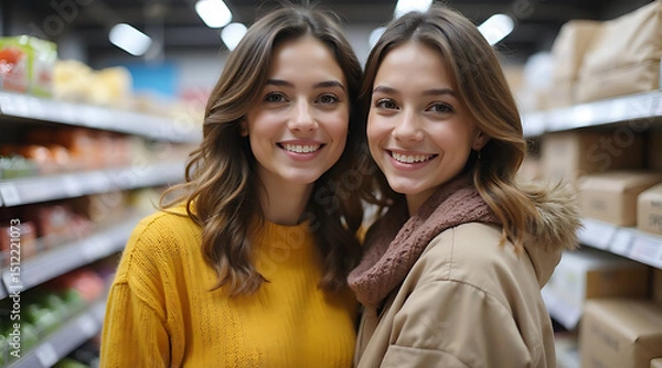 Fototapeta Friends enjoying their shopping experience at a grocery store in a vibrant market setting Generative AI