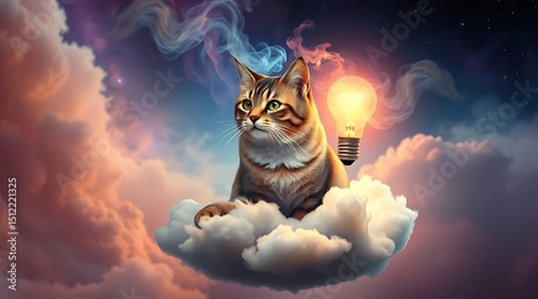 Fototapeta Creative cat sitting on fluffy cloud with glowing light bulb above in dreamy sky setting Generative AI