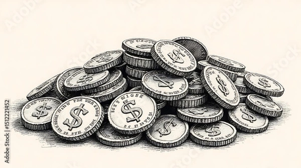 Fototapeta Pile of vintage coins showcasing intricate designs and symbols of currency Generative AI