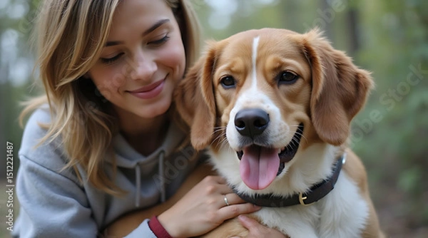 Fototapeta Joyful moments shared between a woman and her beagle in a forest setting Generative AI
