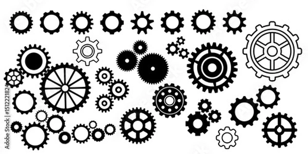 Fototapeta Gear icon vector set, black cogwheel vector collection, mechanical gear shapes, engineering symbols, industrial machinery, sprocket designs, abstract gearwheel graphics