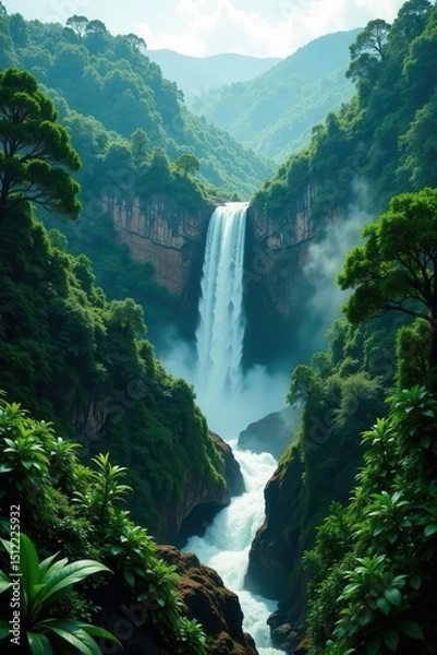 Obraz Vast rainforest panorama, cascading waterfall , wonder, panoramic