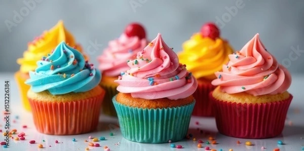 Obraz Vibrant cupcakes, swirls of frosting, rainbow sprinkles , sweet, dessert