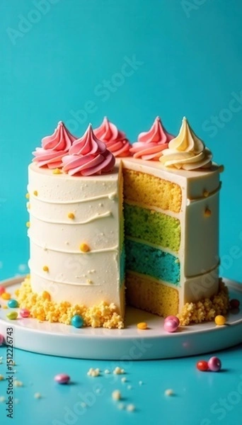 Obraz Vibrant layered cake, frosting swirls, blue backdrop, party, delicious, celebration