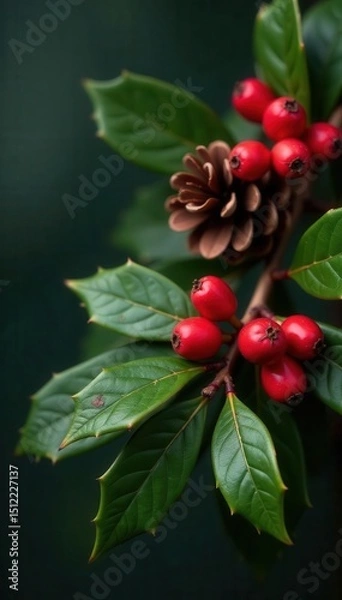 Obraz Vibrant red holly berries & brown pine cone cluster , decoration, graphic