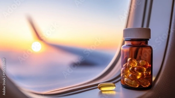 Obraz Amber bottle of dietary supplements on airplane window with sunset view in background