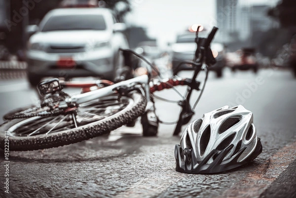 Fototapeta Close-up view of a broken bicycle and helmet on the road after a collision with an SUV during daylight hours
