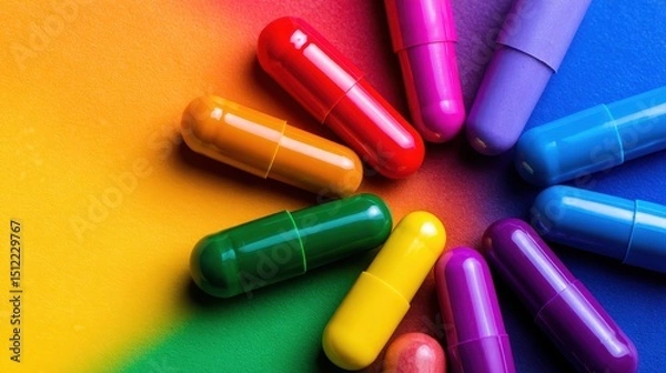 Obraz Colorful capsules arranged in a circular pattern on a vibrant rainbow background