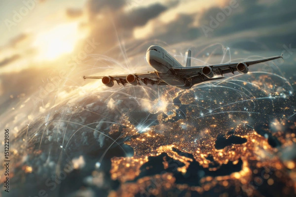Obraz Cargo plane soaring above globe with glowing city and global con
