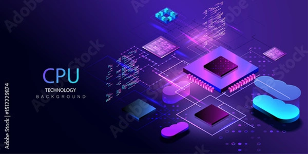 Obraz Cloud And Processor data transmission in isometric background. Circuit with CPU and clouds. Ai futuristic service city center. Digital space. Data computing system. Vector isometric.