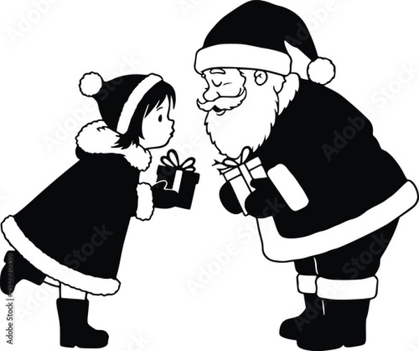 Fototapeta Silhouette santa claus bending to exchange presents with a festively dressed child, symbolizing christmas generosity and magic

