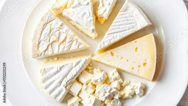 Fototapeta Various types of cheese arranged on a white plate in a culinary display at a gourmet event