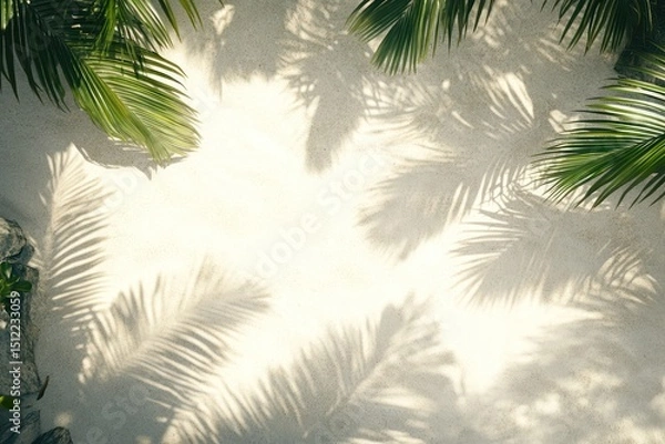 Fototapeta Tropical beach with palm shadows on white sand and clear water