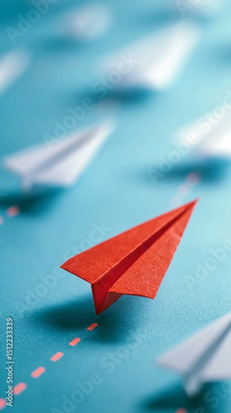 Fototapeta Red paper airplane leading white ones on teal background, showcasing leadership, innovation, and unique path to success