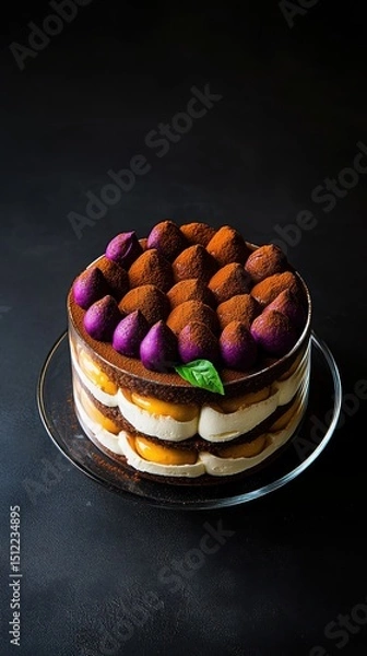 Fototapeta Luscious tiramisu dessert showcasing delicate layers on a dark background  