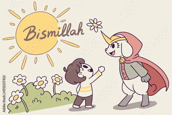 Fototapeta Whimsical illustration A heroic fluffy lamb with a mini golden horn and cape, gently high-fiving a grateful chibi child. Background Shining sun with 'Bismillah' in bubbly Arabic letters, floating dais