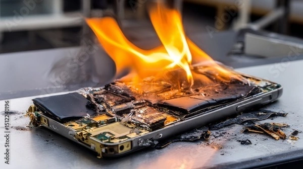 Fototapeta Mobile phone battery exploded and caught fire due to overheating and poor quality. Concept of device failure, battery hazard, fire risk, lithium danger, overheating electronics and safety incident