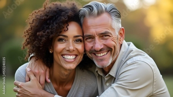 Fototapeta Happy mixed couple enjoying a sunny day outdoors, smiling brightly at the camera with nature in the background.