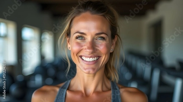Fototapeta Smiling Caucasian woman in fitness attire showcasing enthusiasm in a gym setting.
