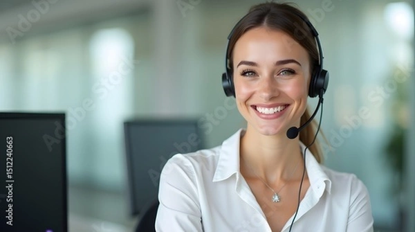 Fototapeta Smiling young woman in a headset, providing customer support in a bright and modern office environment.
