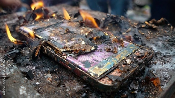 Fototapeta Mobile phone battery exploded and caught fire due to overheating and poor quality. Concept of device failure, battery hazard, fire risk, lithium danger, overheating electronics and safety incident