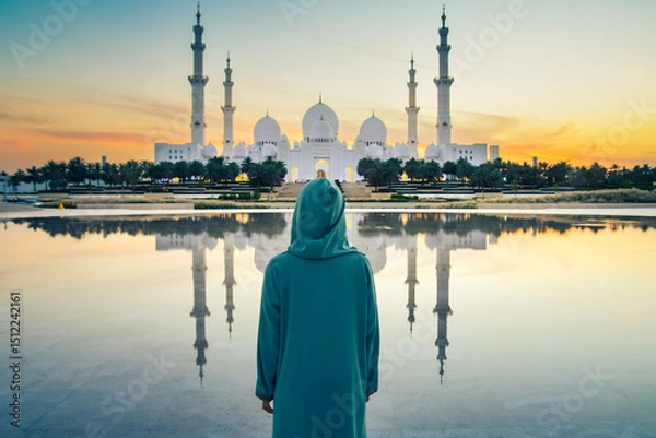 Fototapeta Close up Woman in traditional Arabic dress Abaya in Wahat Al Karama or Oasis of Dignity near Sheikh Zayed Grand Mosque in Abu Dhabi, showcasing cultural elegance,iconic Islamic architecture at sunset