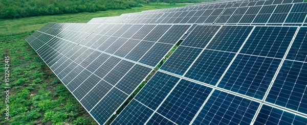 Obraz Aerial view of a solar farm generating solar energy.Solar panels park generating green energy electric.Green energy reduce carbon emissions and makes earth cleaner and more ecological.	
