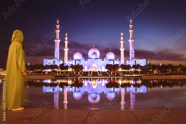 Fototapeta Close up Woman in traditional Arabic dress Abaya in Wahat Al Karama or Oasis of Dignity near Sheikh Zayed Grand Mosque in Abu Dhabi, showcasing cultural elegance,iconic Islamic architecture at sunset
