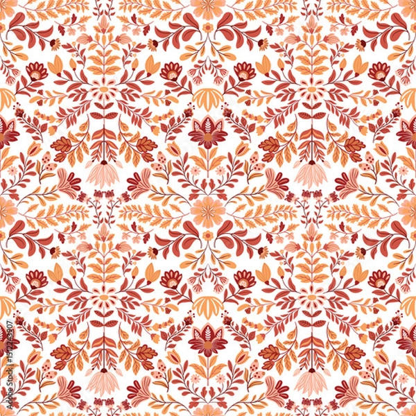 Obraz Seamless vector pattern with bright abstract flowers in folk art style on a clean white background. Colorful and decorative design perfect for textiles, wrapping paper, wallpaper, and crafts.