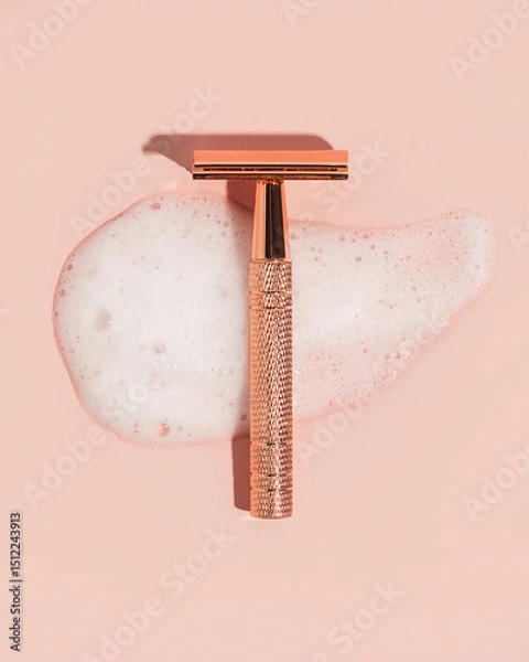 Fototapeta Rose gold safety razor on pink background with shaving cream texture swipe