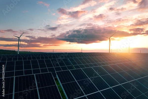 Fototapeta Wind turbines and solar parks are two adopted renewable energy technologies used to generate electricity sustainably. Green energy reduces pollution and keeps the environment clean and sustainable.