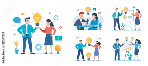 Fototapeta Two people sharing idea with lightbulb bundle vector illustration on white background