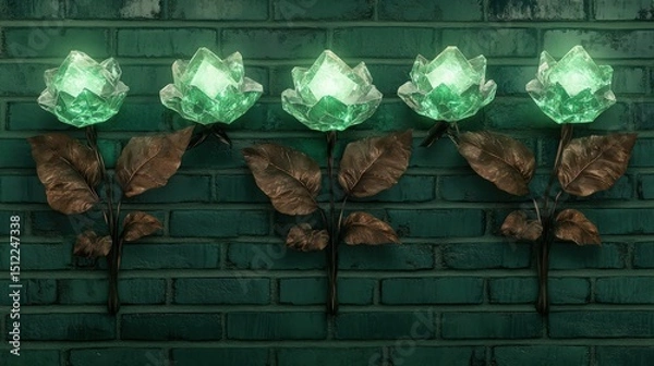 Fototapeta abstract brick wall background with glowing flowers on the top of the wall with copy space for text.