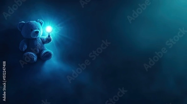 Fototapeta teddy bear holding a light bulb and hanging on the wall corner with glowing blub in the dark blue wall.