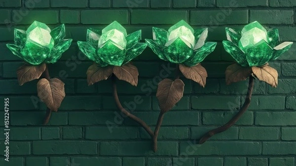 Fototapeta abstract brick wall background with glowing flowers on the top of the wall with copy space for text