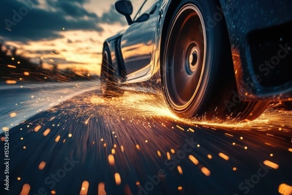 Fototapeta Fast car speeding on road with sparks at sunset