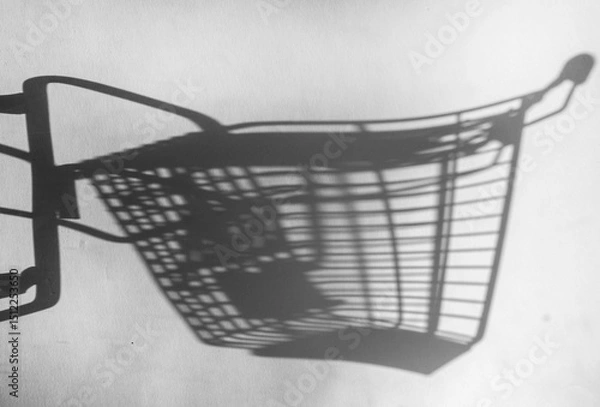 Fototapeta Shadow of a supermarket shopping cart on a white background with sunlight. Minimalist shopping concept.